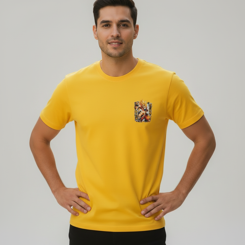 Manga Yellow Round Neck 100% Cotton Mens' T-shirt