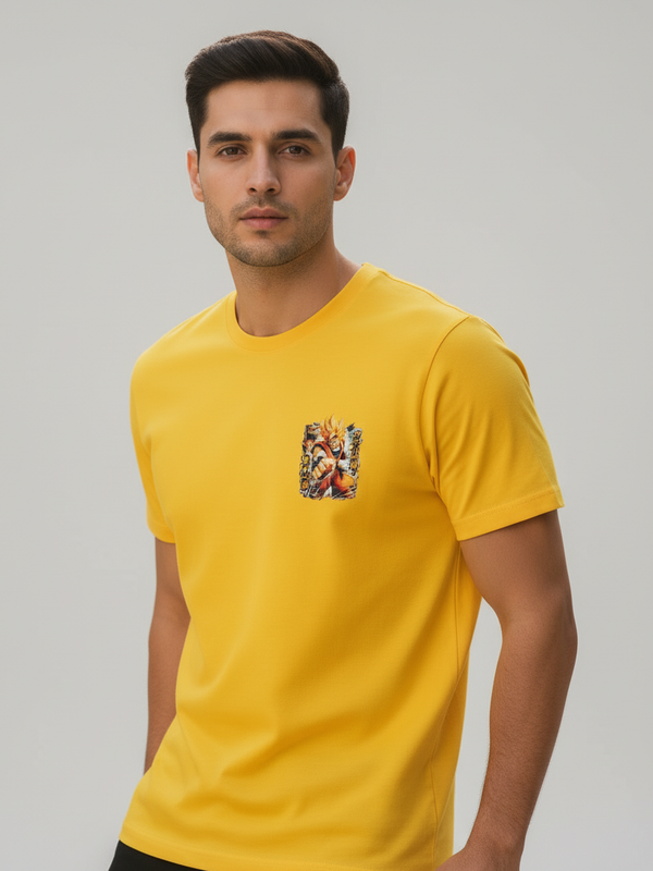 Manga Yellow Round Neck 100% Cotton Mens' T-shirt