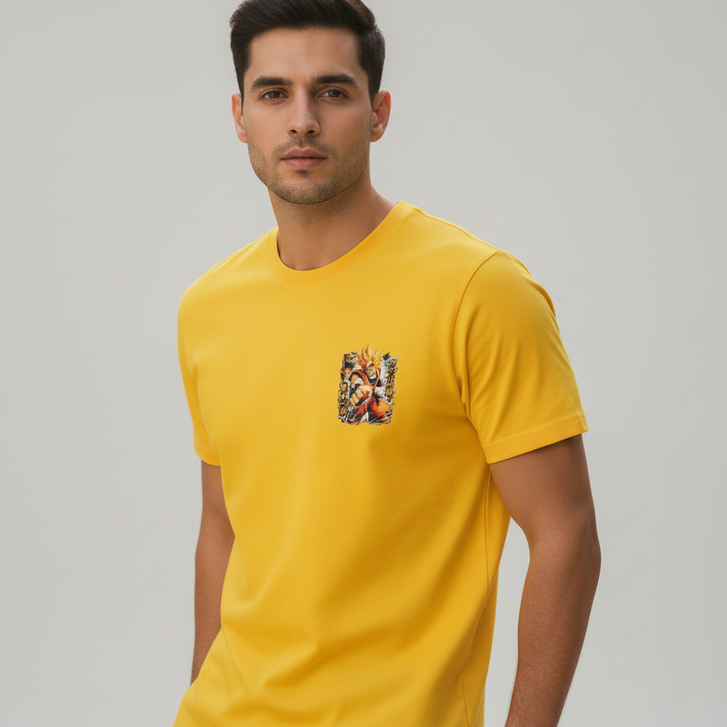 Manga Yellow Round Neck 100% Cotton Mens' T-shirt