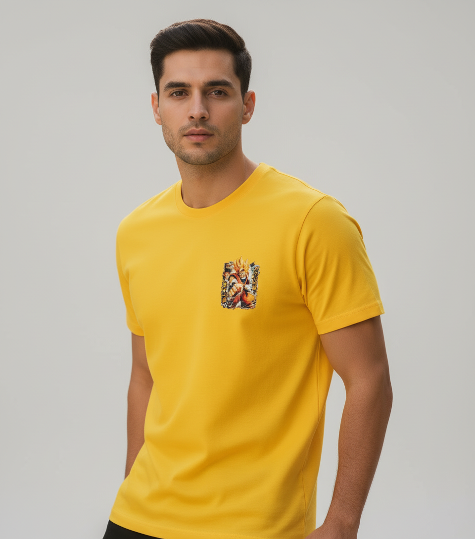 Manga Yellow Round Neck 100% Cotton Mens' T-shirt