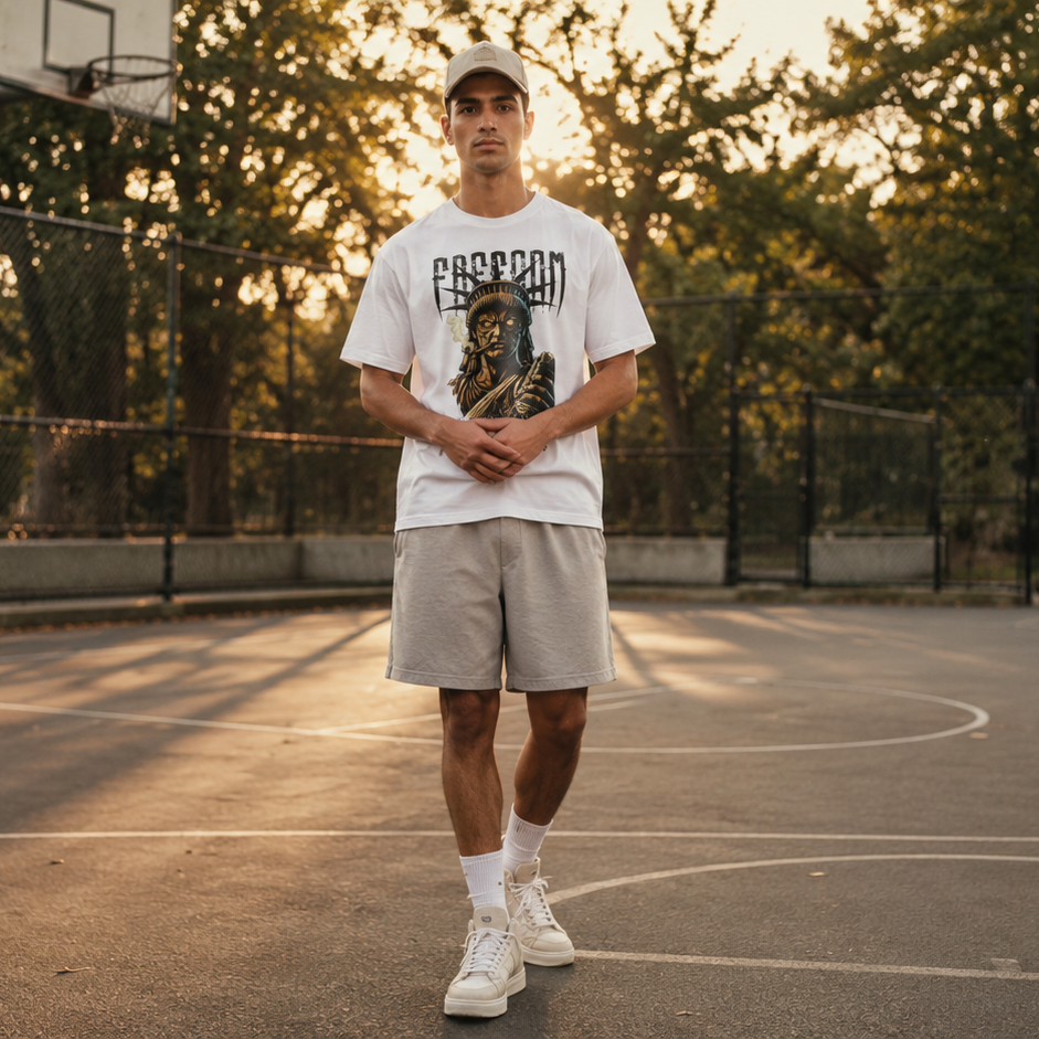 A man stands on an outdoor basketball court at sunset wearing a white graphic t-shirt, beige shorts, white socks, and white sneakers.
